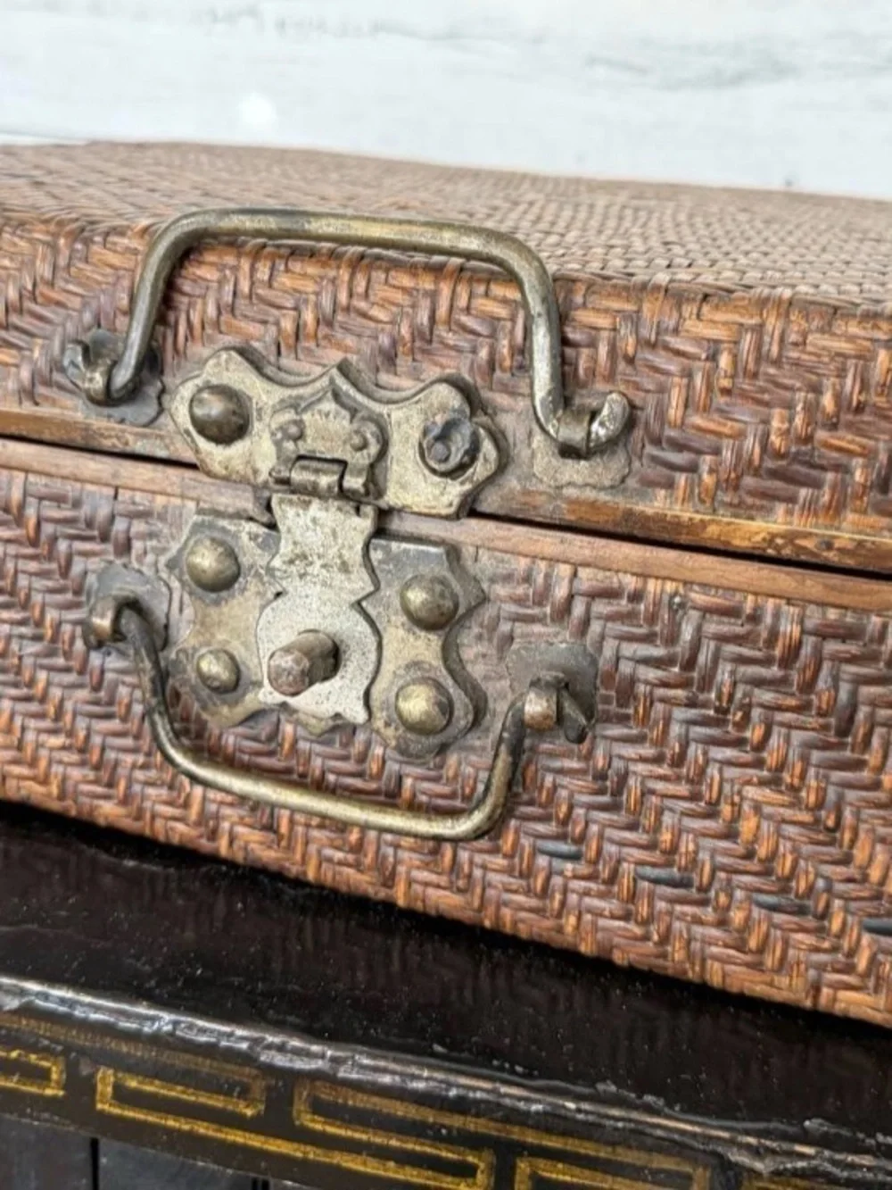 Vintage Asian Woven Rattan & Wood Storage Trunk Chest with brass hardware